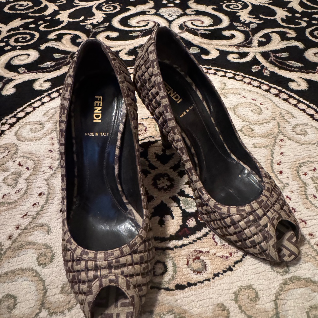 Fendi Women's Woven Tan Peep-Toe Heels